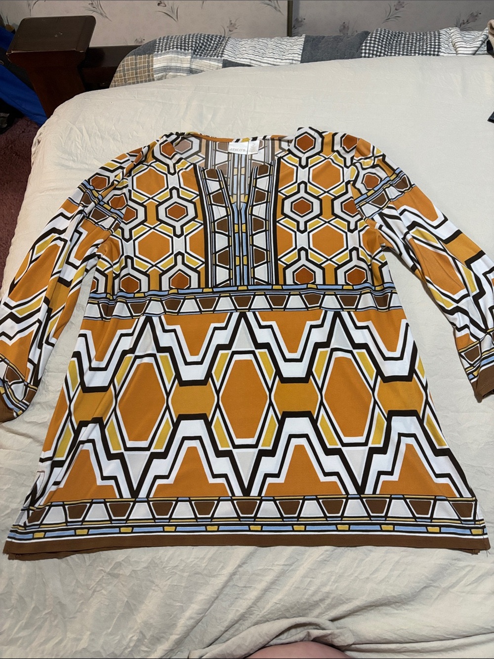Chico's Geometric Tunic in Mustard, White & Brown